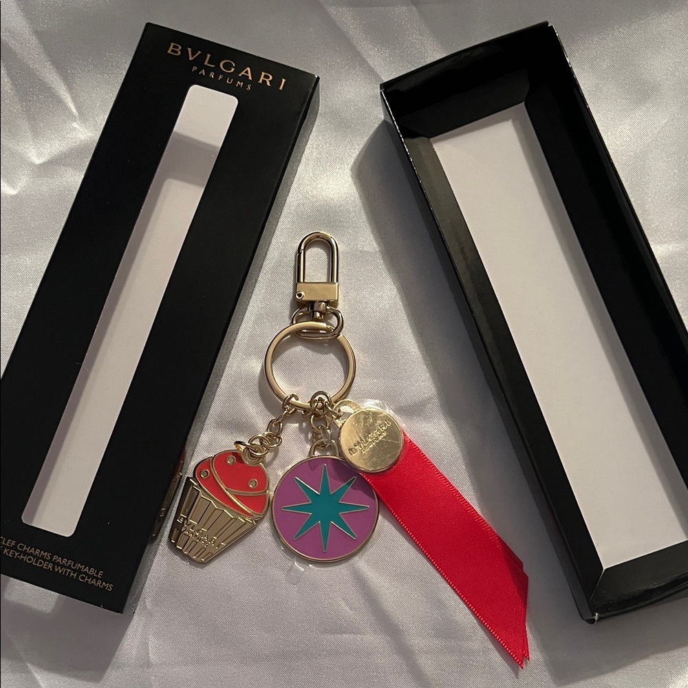 Bulgari Gold and Pink Keychain with Red Ribbon